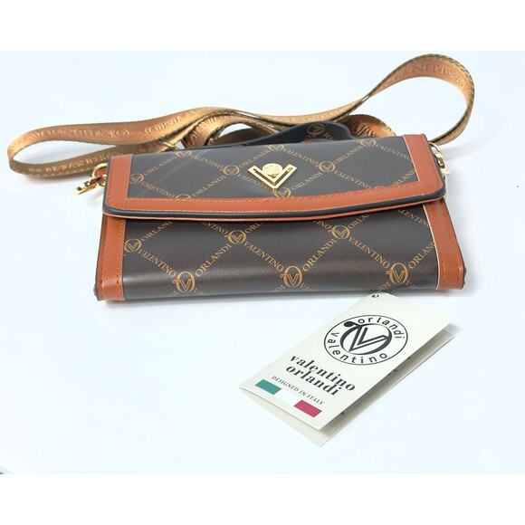 Valentino Orlando Crossbody Handbag Two Tone Brown 5" X 7.5" Guitar Strap NWT - Picture 2 of 5